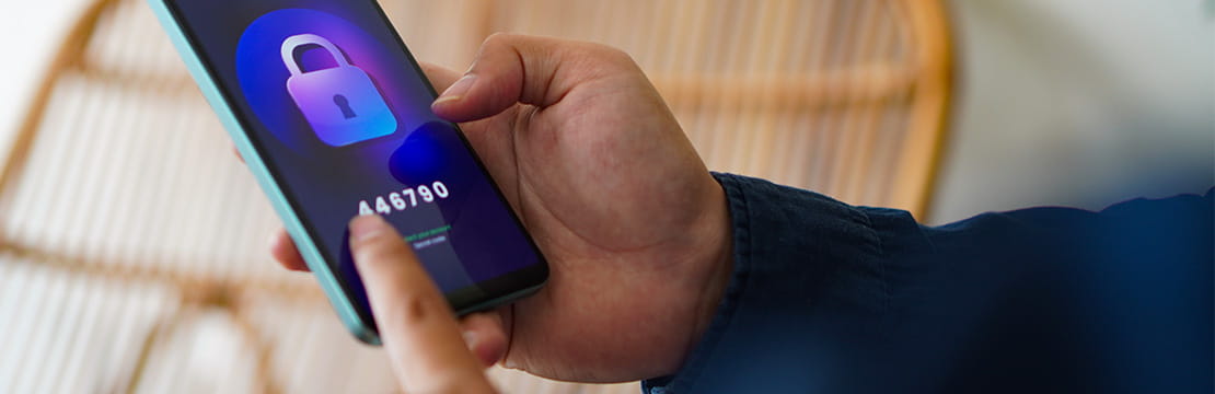 Smartphone security screen highlighting the importance of protecting accounts from social media scams.